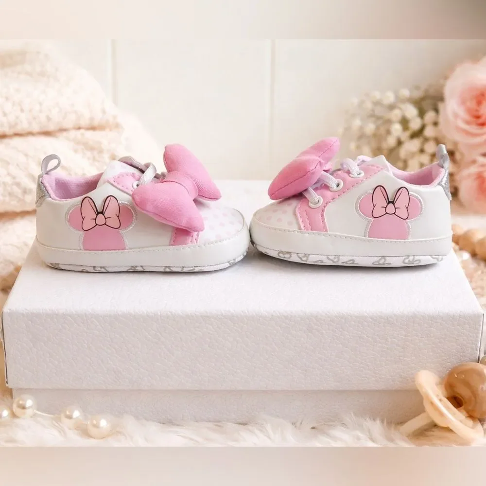 Disney Minnie Mouse Baby Girl Shoes Size 3 Pink White Bow Sneakers NWOT
